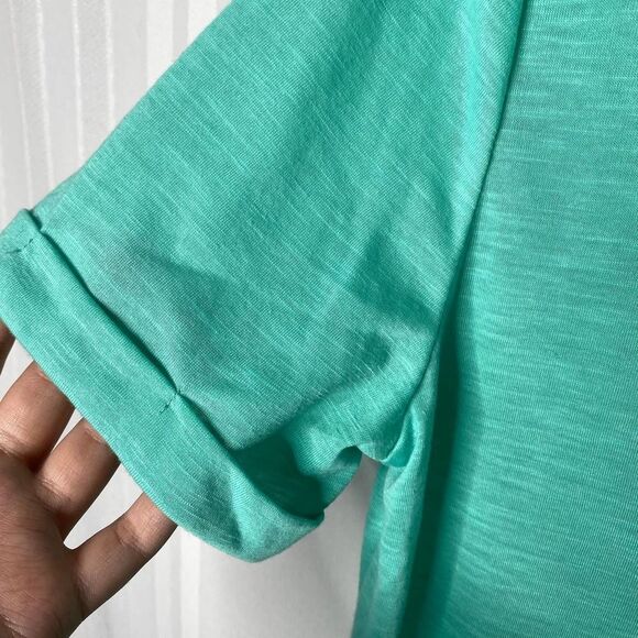 Shein Short Cuffed Sleeve Cutout Keyhole V-Neck Top Medium Blue Green Heathered - Picture 5 of 8